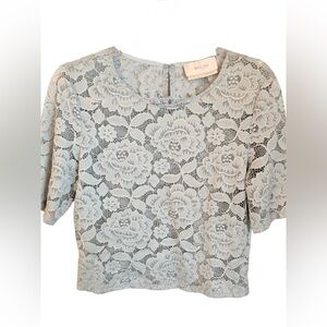 BHLDN Lace Crop Top Blue Floral Lace Short Sleeve Size L
